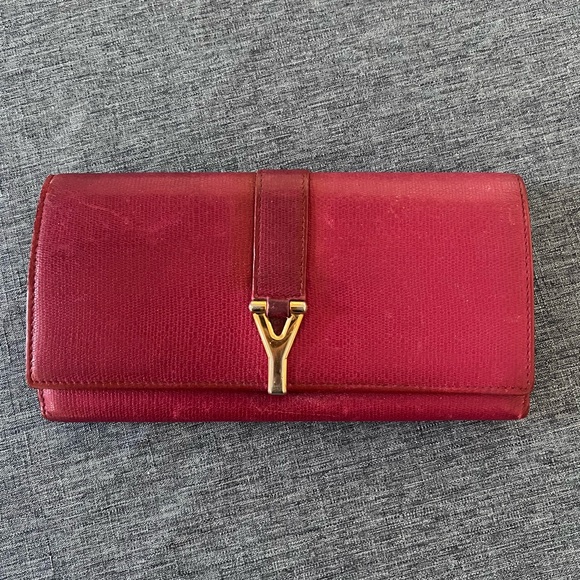 YVES SAINT LAURENT Y Ligne Calfskin Long Wallet in Red - Picture 3 of 15